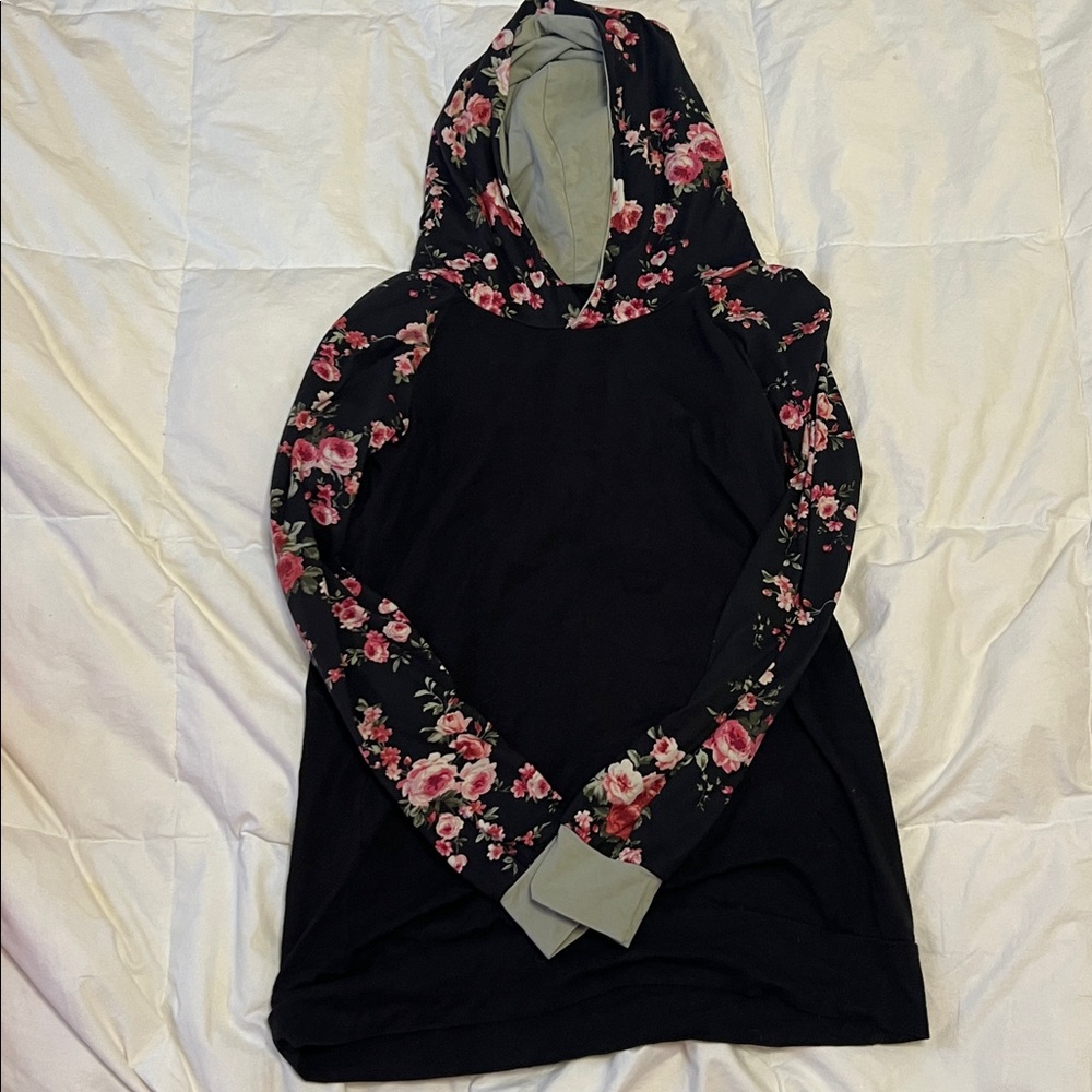 Floral Black Tunic Hoodie with Green accents